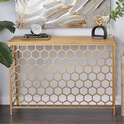 Contemporary Iron Beehive Pattern Console Table Gold - Olivia & May 3 Contemporary Iron Beehive Pattern Console Table Gold - Olivia & May