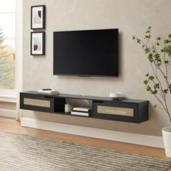 Modern Boho Floating TV Stand For TVs Up To 80" With Rattan Doors Black - Saracina Home