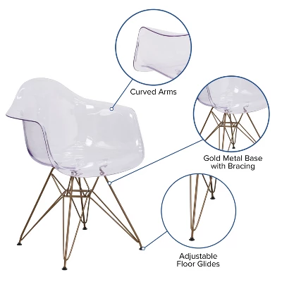 Emma And Oliver 2 Pack Transparent Side Chair With Arms And Gold Base - Accent & Side Chair 11 Emma And Oliver 2 Pack Transparent Side Chair With Arms And Gold Base - Accent & Side Chair - Image 9