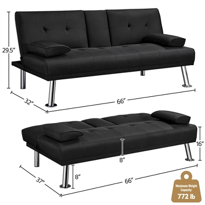 Yaheetech Convertible Futon Sofa Bed Tufted Fabric Futon With Cupholders And Pillows 4 Yaheetech Convertible Futon Sofa Bed Tufted Fabric Futon With Cupholders And Pillows - Image 2