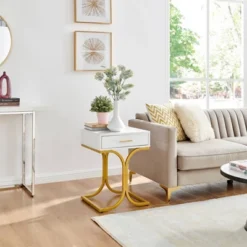 17.75" Rectangular Modern Glam Side Table With Drawer White/Gold - Danya B. 24 17.75" Rectangular Modern Glam Side Table With Drawer White/Gold - Danya B. -Living Room Furniture GUEST dbc13f70 cd80 4279 b5c5 878aa6ae594e